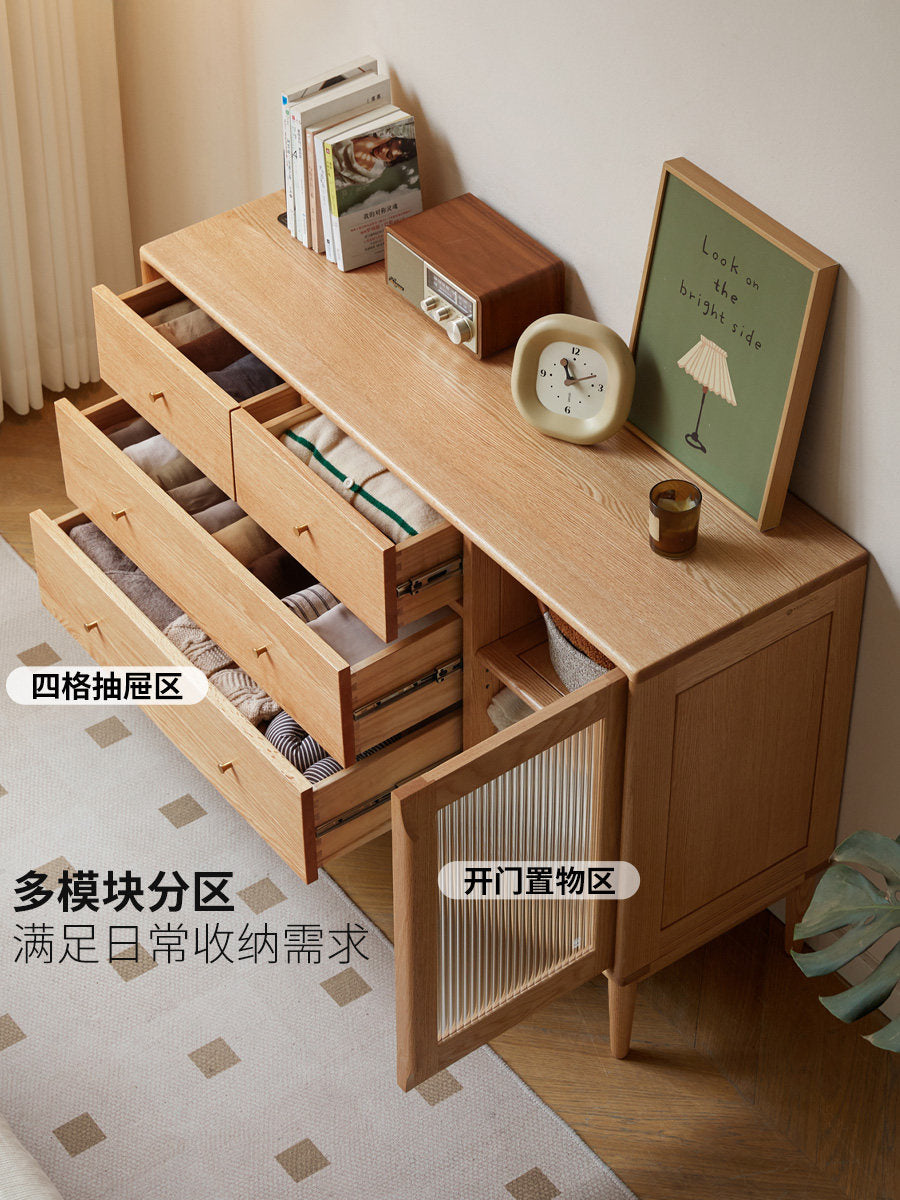 Solid wood chest of drawers, bedroom storage cabinet, Japanese minimalist oak upright cabinet, storage unit with doors